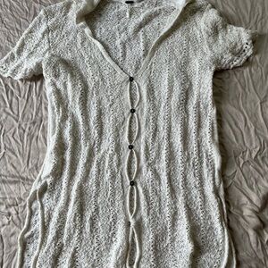 Free People Cream Crocheted Long Cardigan